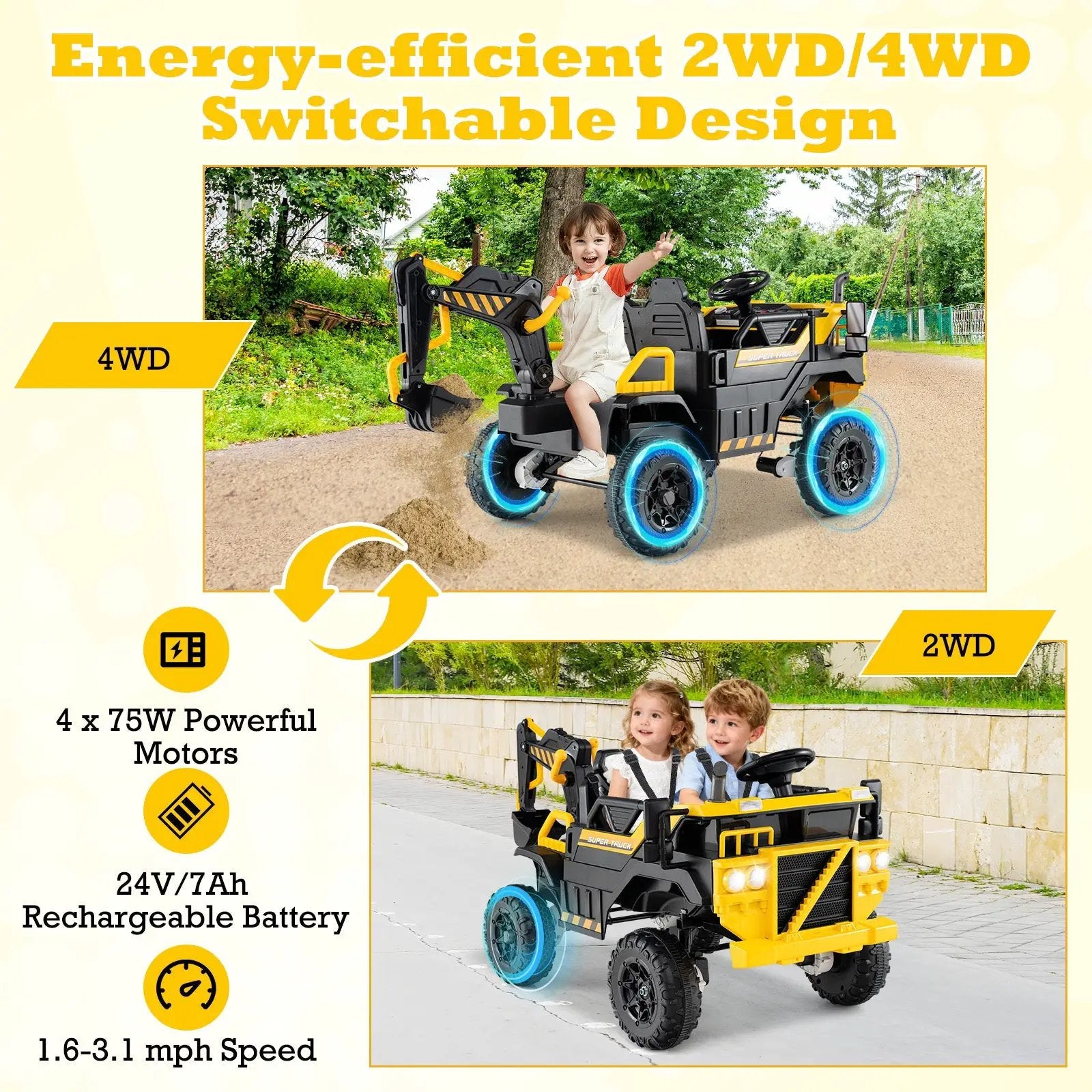 24V Ride On Excavator 4WD 2-Seater with Remote Control and Digging Arm-Yellow by DirectDeals
