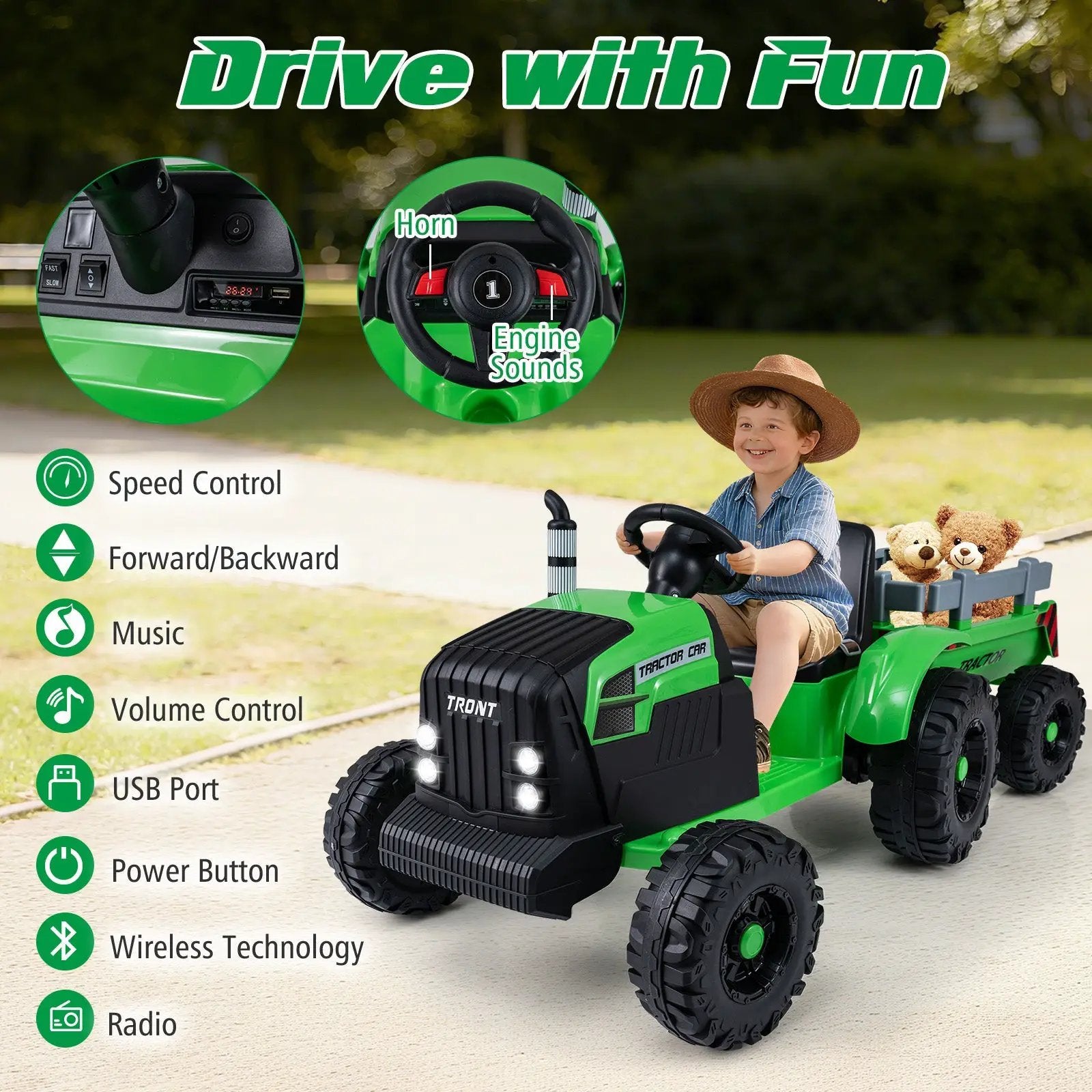 24V Ride On Tractor for Kids Electric Vehicle with Detachable Trailer and Remote Control by DirectDeals