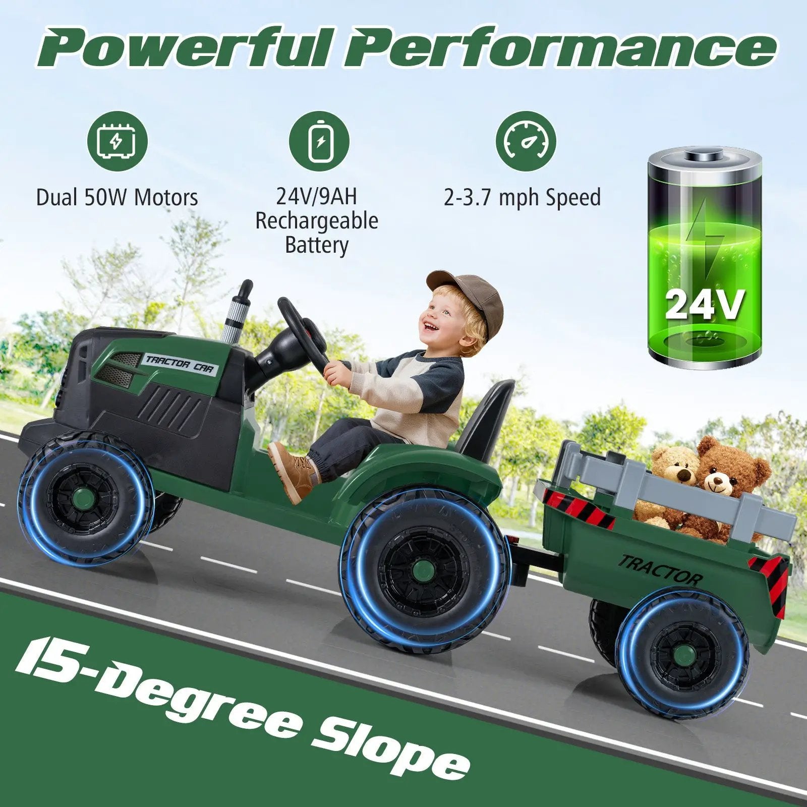 24V Ride On Tractor for Kids Electric Vehicle with Detachable Trailer and Remote Control by DirectDeals