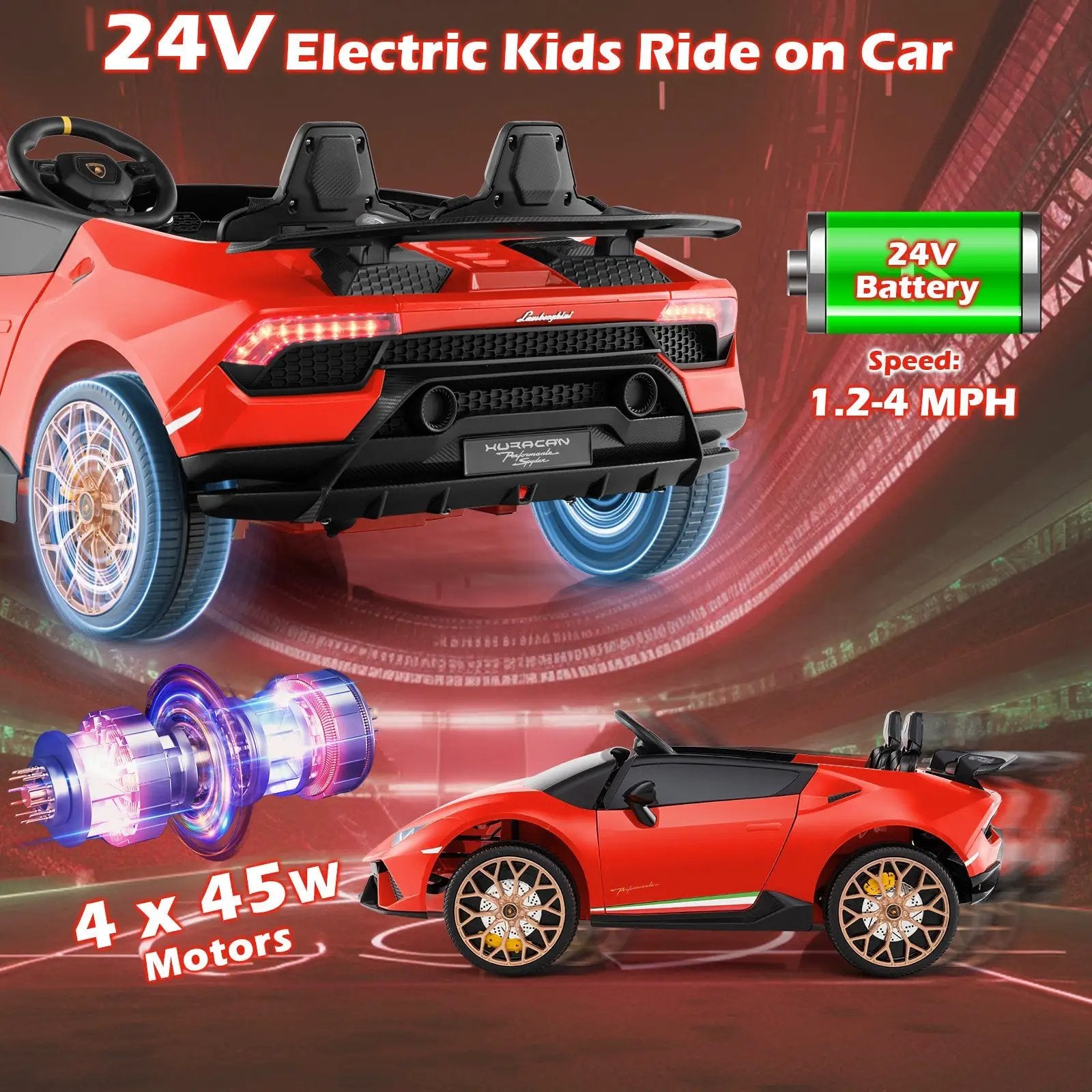 24V Ride-on Car for Kids 4WD 2-Seater Licensed Lamborghini Electric Vehicles with Music by DirectDeals