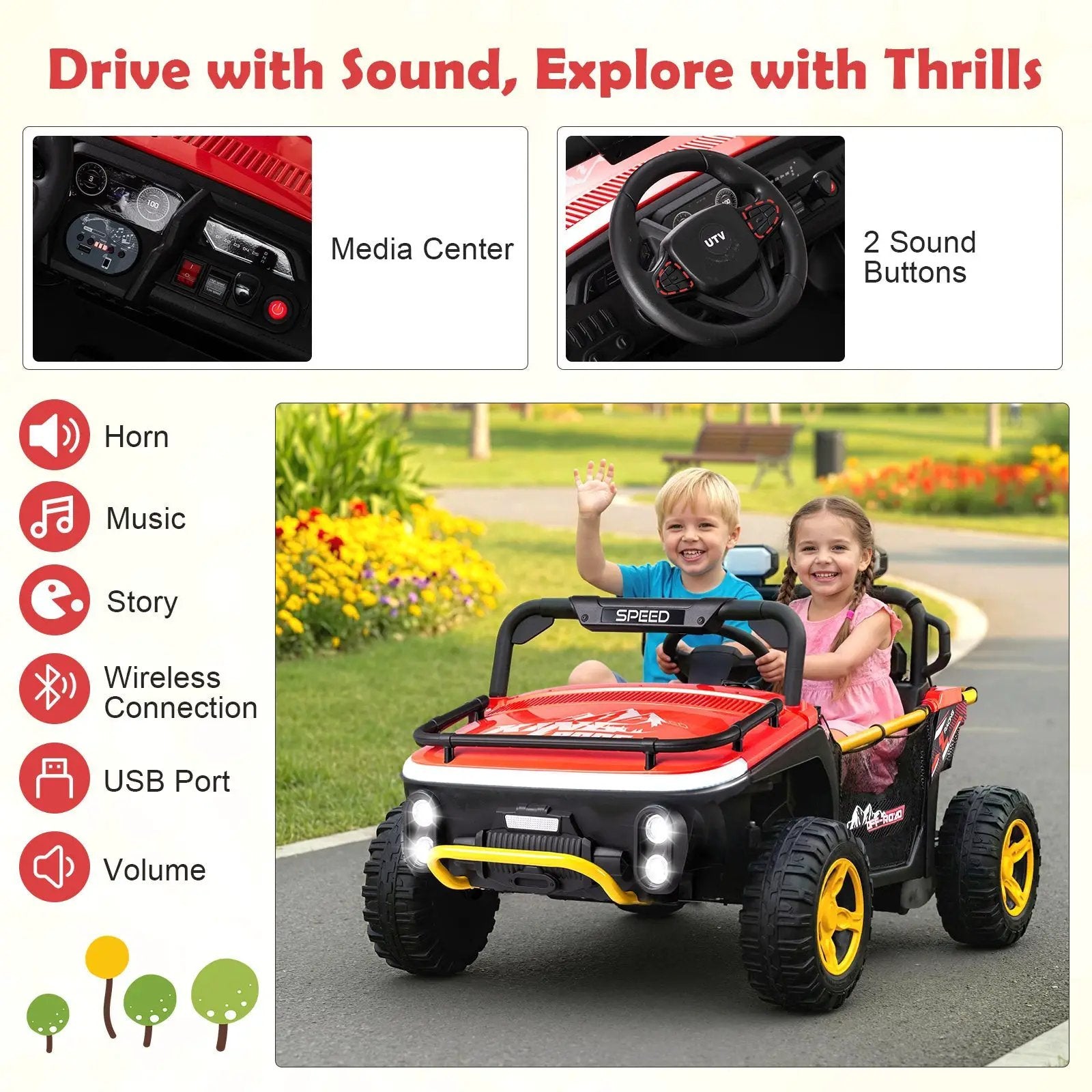 24V Ride on Toy for Kids 2 Seater Ride on Truck Car with Horn Music Story by DirectDeals