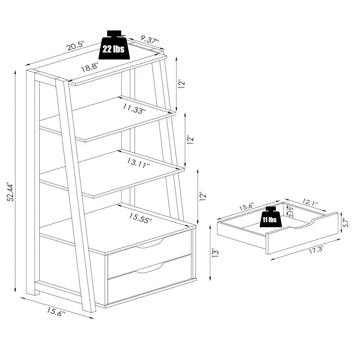 4-Tier Ladder Bookshelf Storage Display with 2 Drawers-White, photo 5 of 9