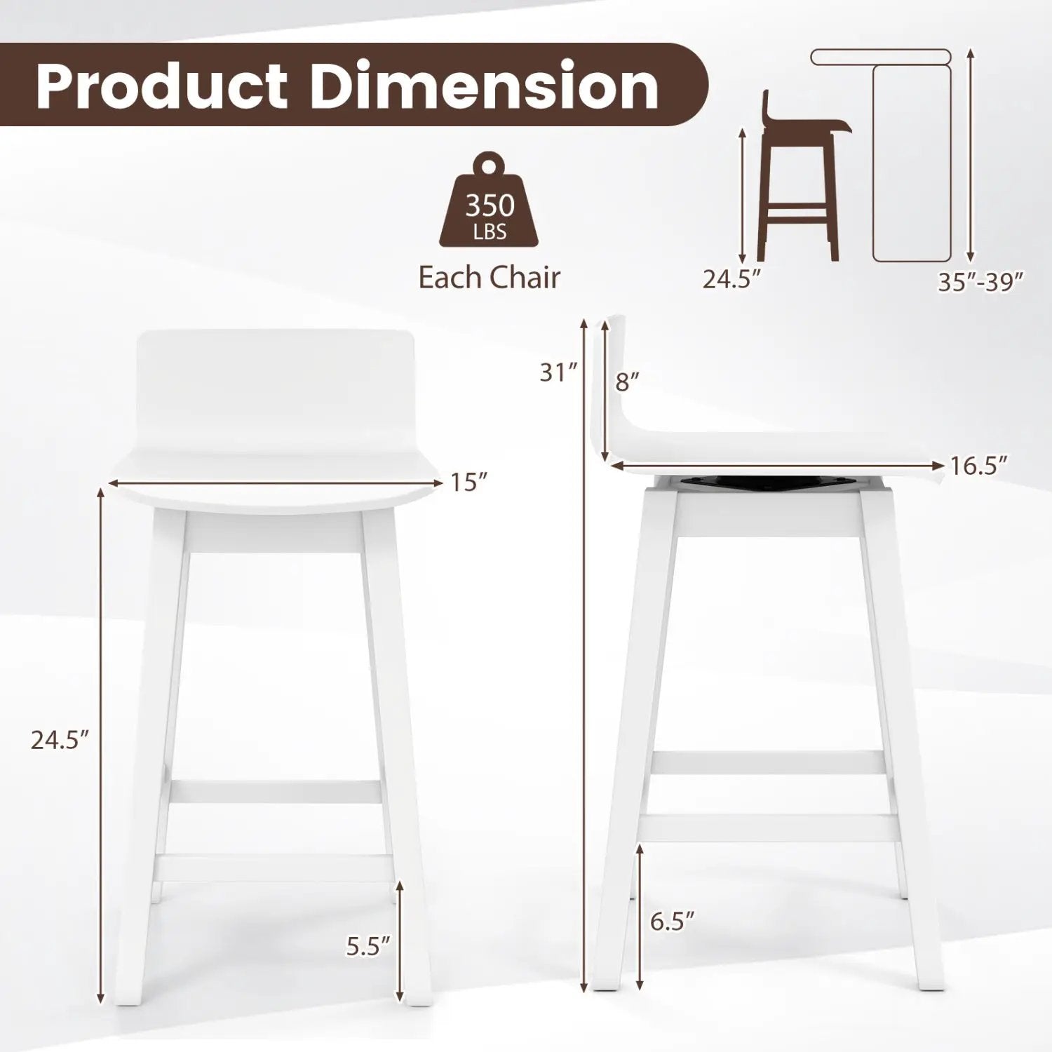 24.5 Inch Swivel Wooden Bar Stools Set of 2 with Rubber Wood Legs and Low Back by DirectDeals