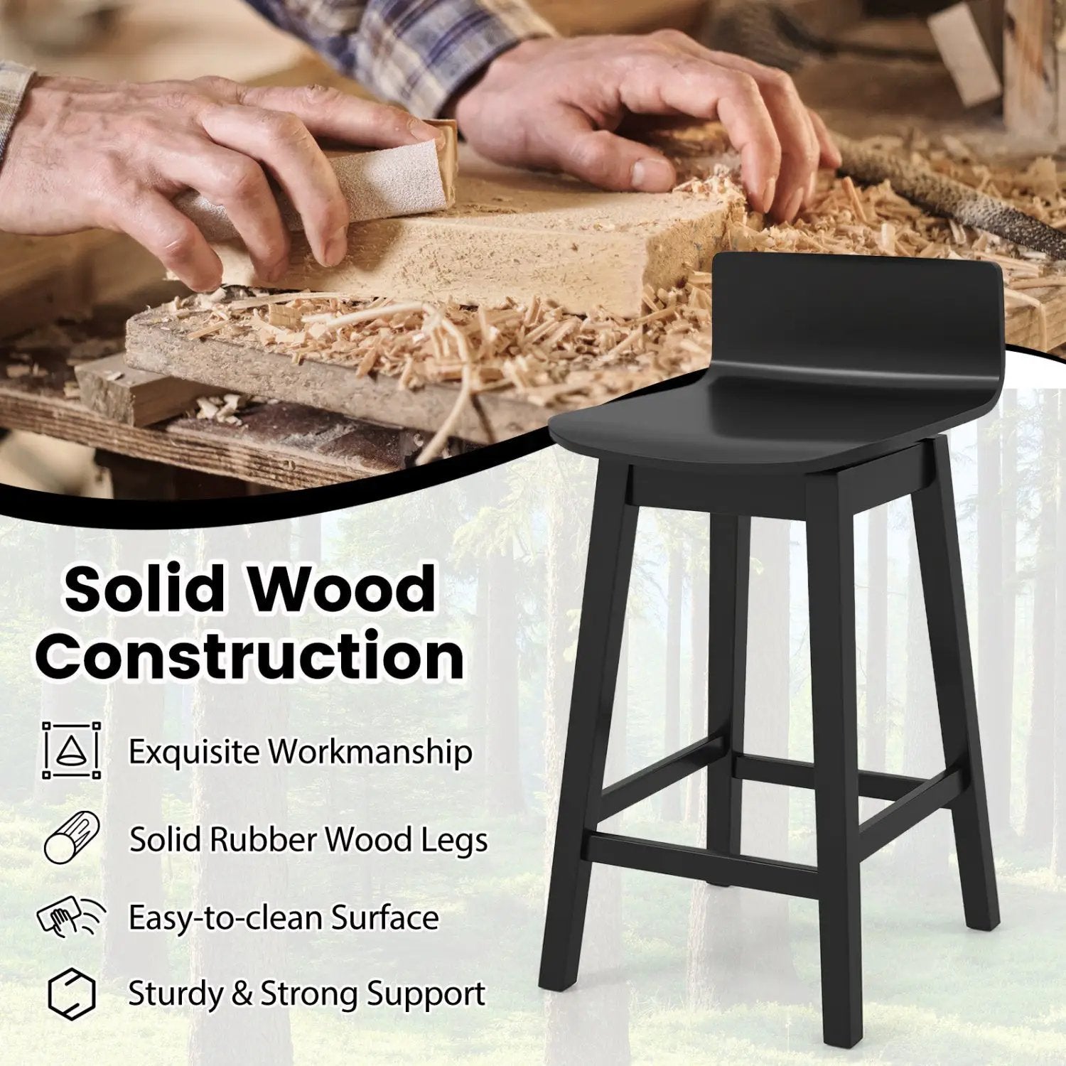 24.5 Inch Swivel Wooden Bar Stools Set of 2 with Rubber Wood Legs and Low Back by DirectDeals