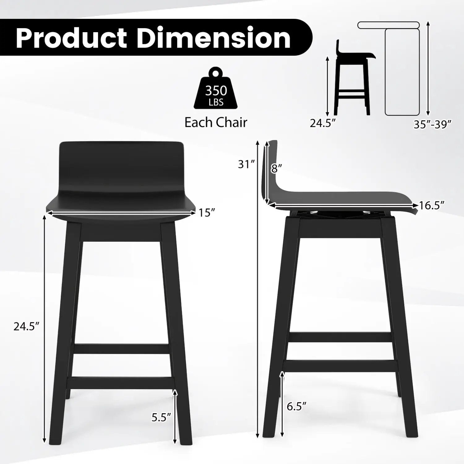 24.5 Inch Swivel Wooden Bar Stools Set of 2 with Rubber Wood Legs and Low Back by DirectDeals