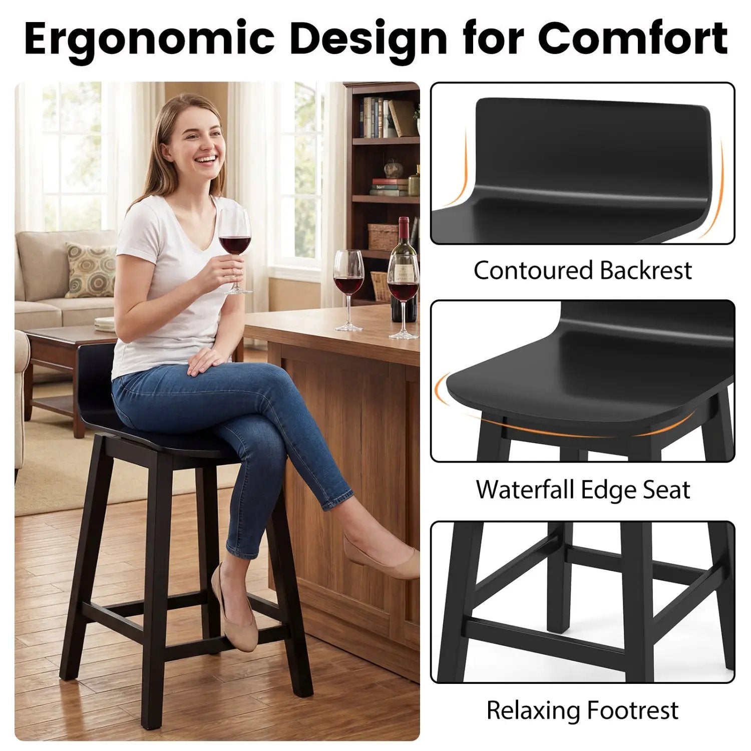 24.5 Inch Swivel Wooden Bar Stools Set of 4 with Rubber Wood Legs and Low Back by DirectDeals