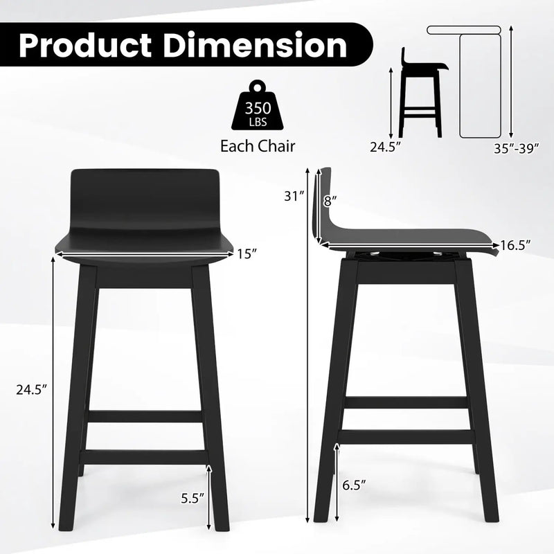 24.5 Inch Swivel Wooden Bar Stools Set of 4 with Rubber Wood Legs and Low Back by DirectDeals