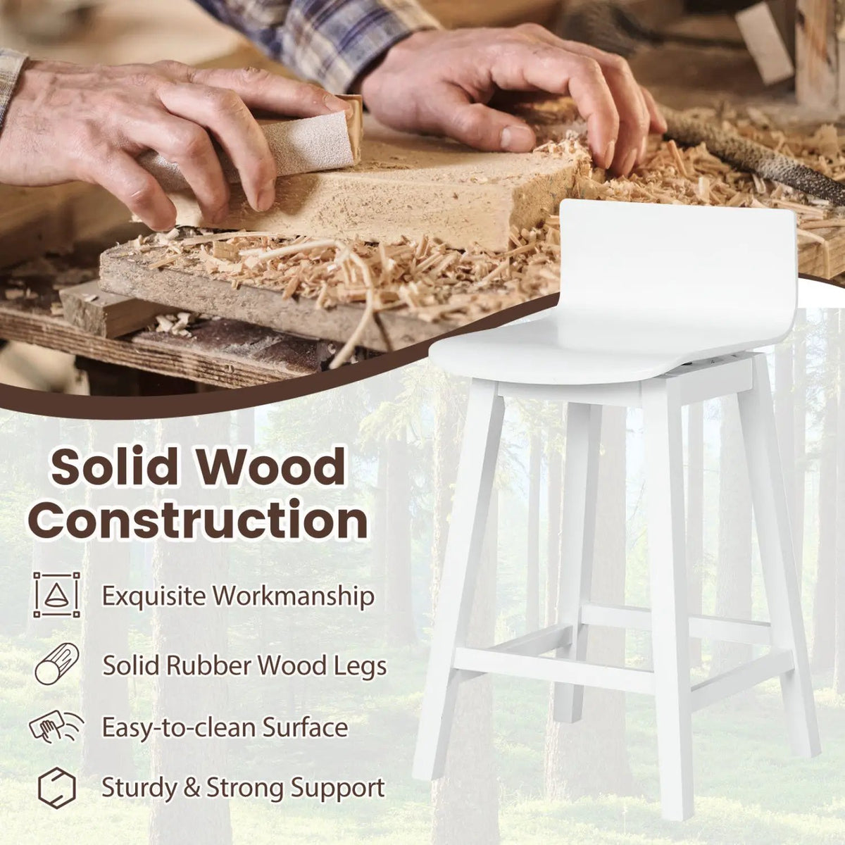 24.5 Inch Swivel Wooden Bar Stools Set of 4 with Rubber Wood Legs and Low Back, photo 9 of 16