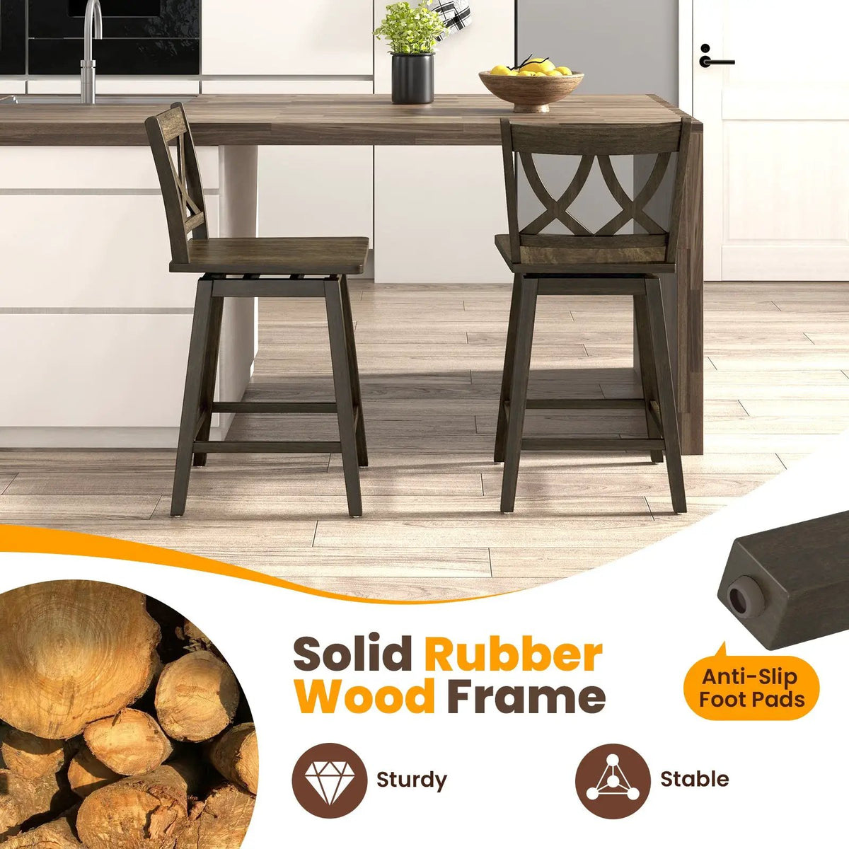 24/29 Inch Bar Stool Set of 2 Wooden Bar Chairs with Rubber Wood Frame, photo 5 of 9