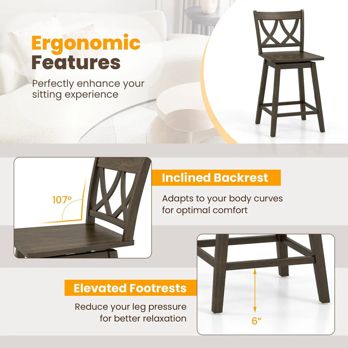 24/29 Inch Bar Stool Set of 2 Wooden Bar Chairs with Rubber Wood Frame, photo 6 of 9