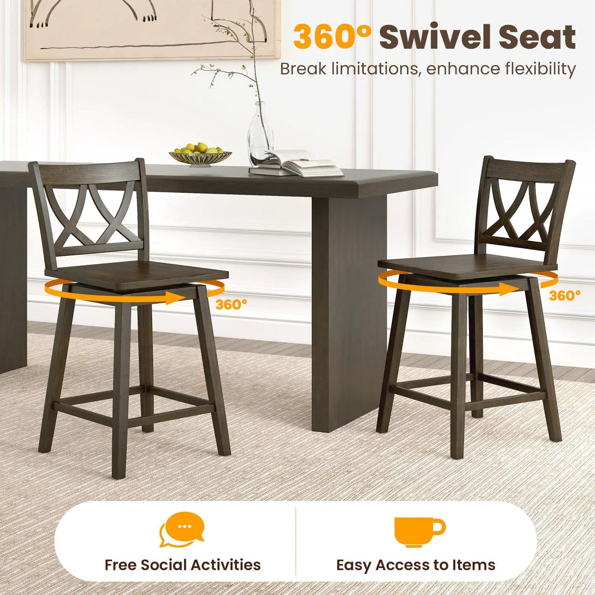 24/29 Inch Bar Stool Set of 2 Wooden Bar Chairs with Rubber Wood Frame, photo 7 of 9