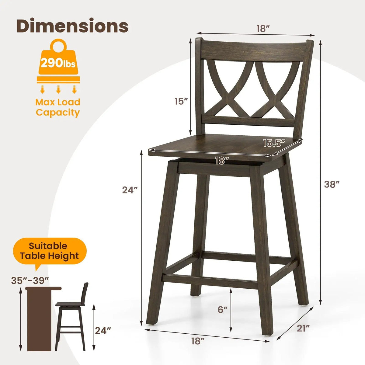 24/29 Inch Bar Stool Set of 2 Wooden Bar Chairs with Rubber Wood Frame, photo 4 of 9