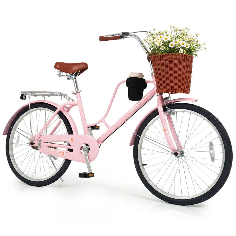 26-Inch Beach Cruiser Bike with Basket and Cup Holder - Pink by DirectDeals
