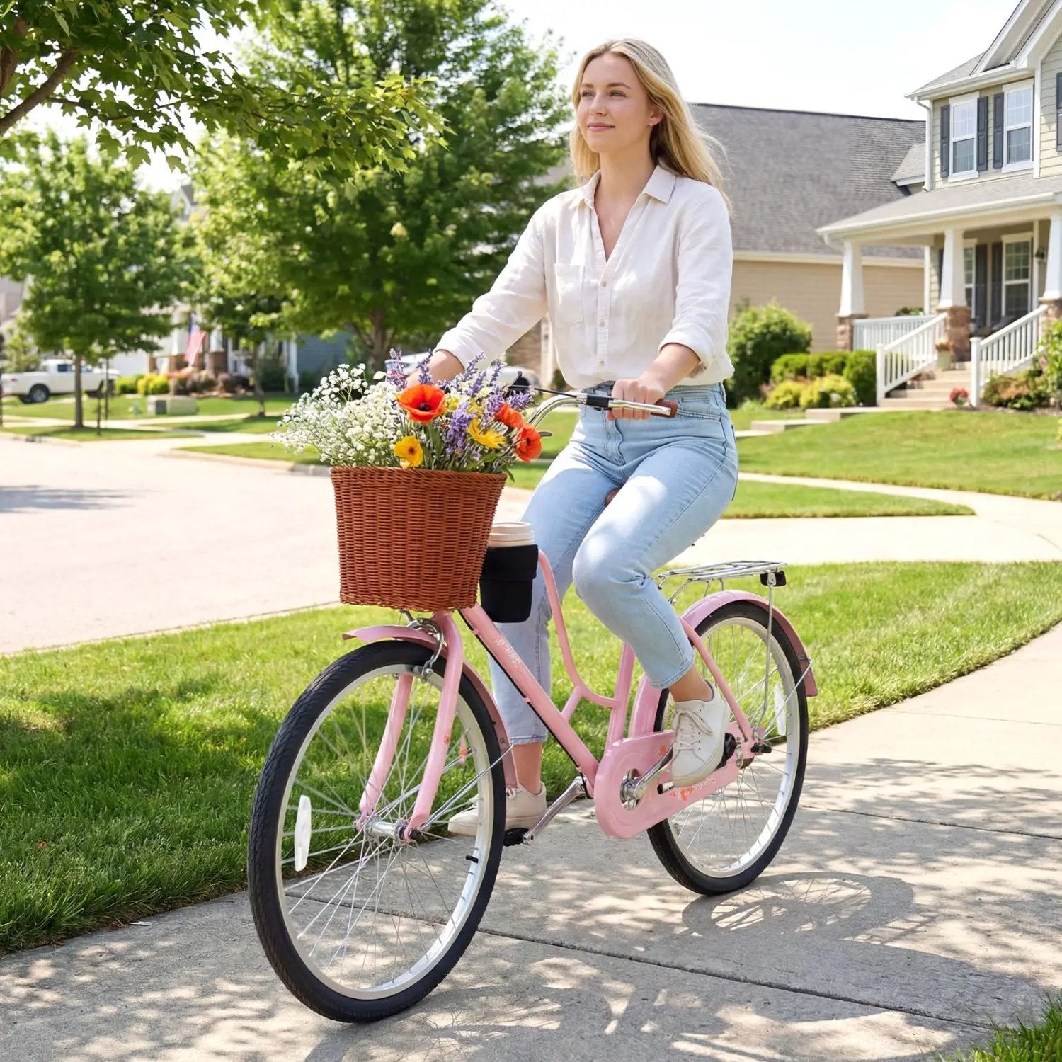 26-Inch Beach Cruiser Bike with Basket and Cup Holder - Pink by DirectDeals