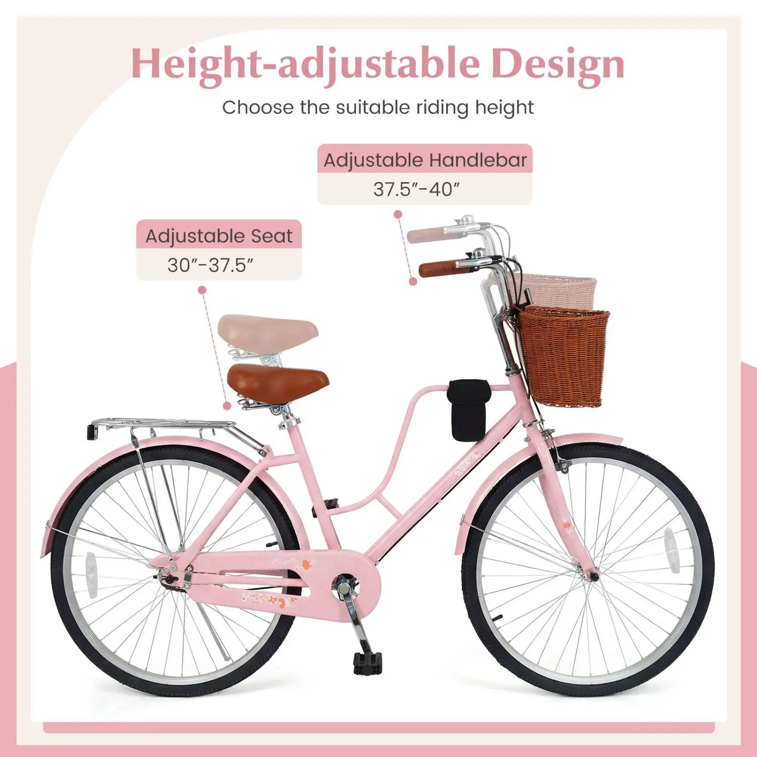 26-Inch Beach Cruiser Bike with Basket and Cup Holder - Pink by DirectDeals
