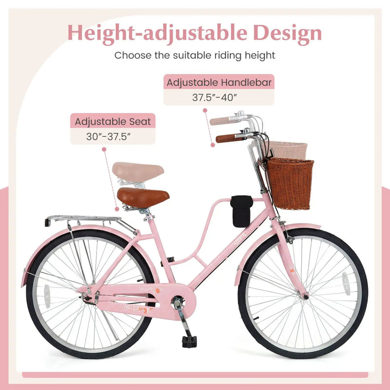 26-Inch Beach Cruiser Bike with Basket and Cup Holder - Pink by DirectDeals