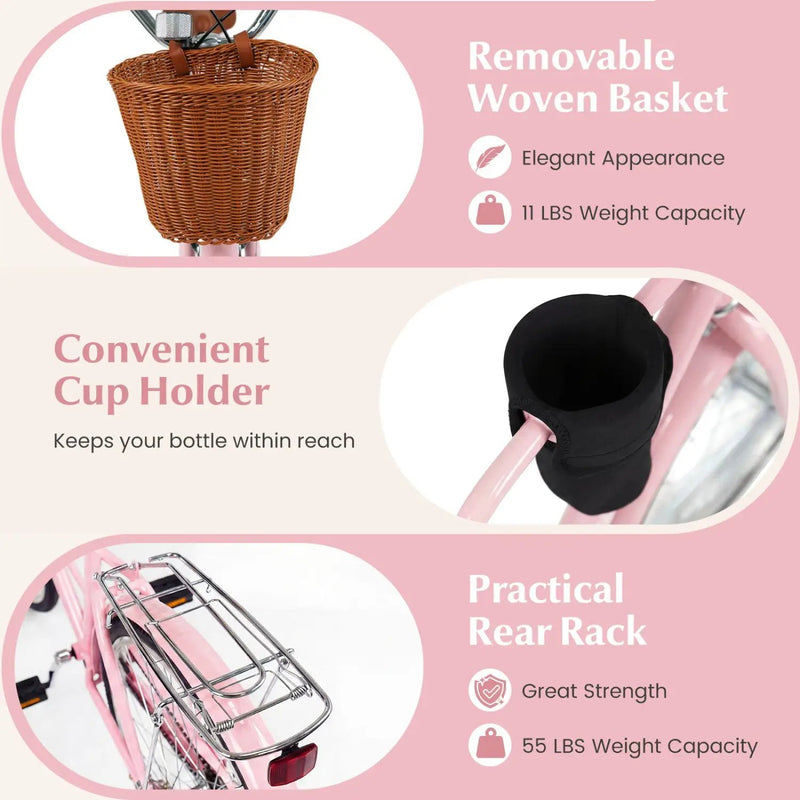 26-Inch Beach Cruiser Bike with Basket and Cup Holder - Pink by DirectDeals