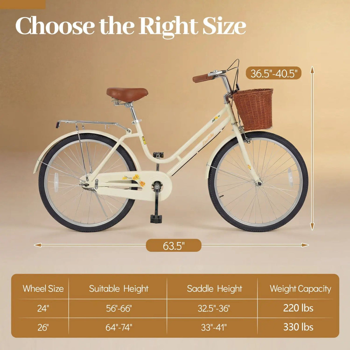 24/26 Inch Beach Cruiser Bike with Basket and Rear Rack, photo 4 of 16