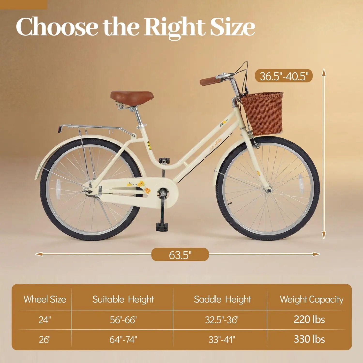 24/26 Inch Beach Cruiser Bike with Basket and Rear Rack by DirectDeals