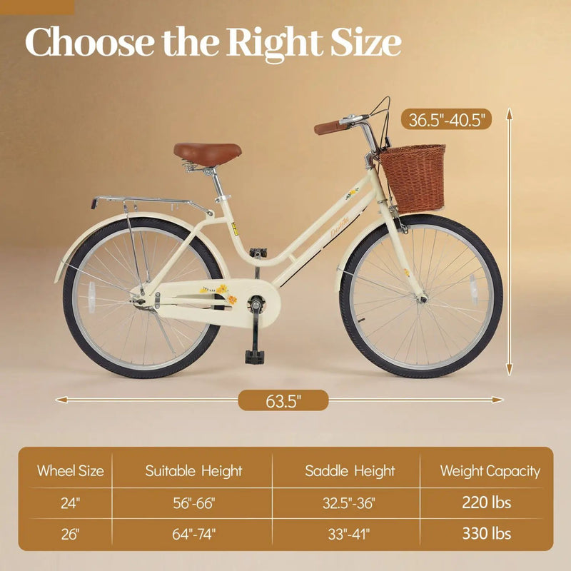 24/26 Inch Beach Cruiser Bike with Basket and Rear Rack by DirectDeals