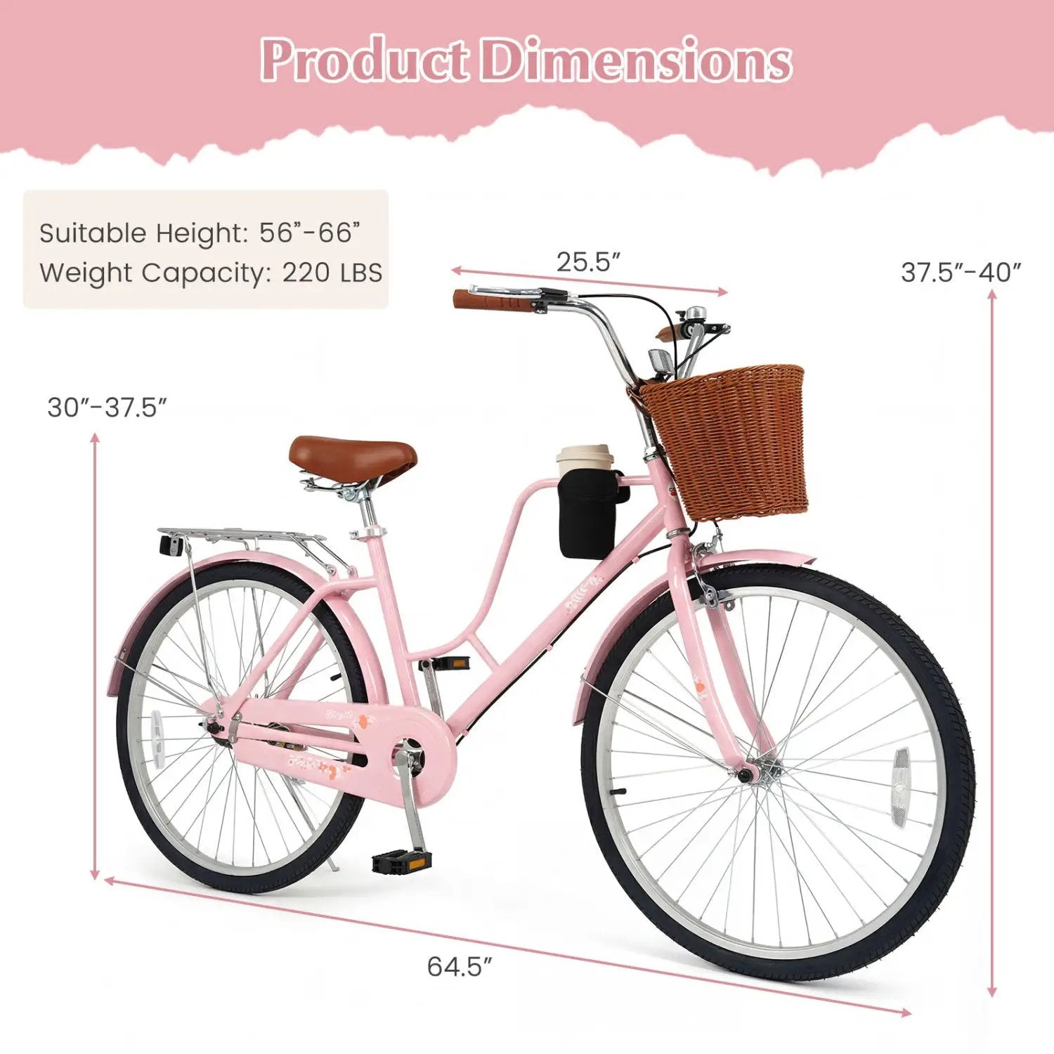 26-Inch Beach Cruiser Bike with Basket and Cup Holder - Pink by DirectDeals