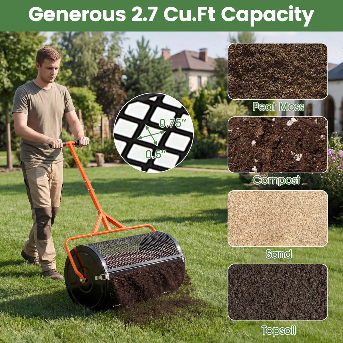 24 Inch Compost Spreader Peat Moss Spreader Roller with Height-Adjustable T-Shaped Handle, photo 6 of 24