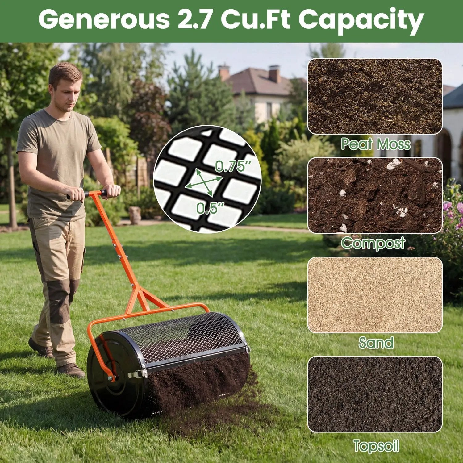 24 Inch Compost Spreader Peat Moss Spreader Roller with Height-Adjustable T-Shaped Handle by DirectDeals