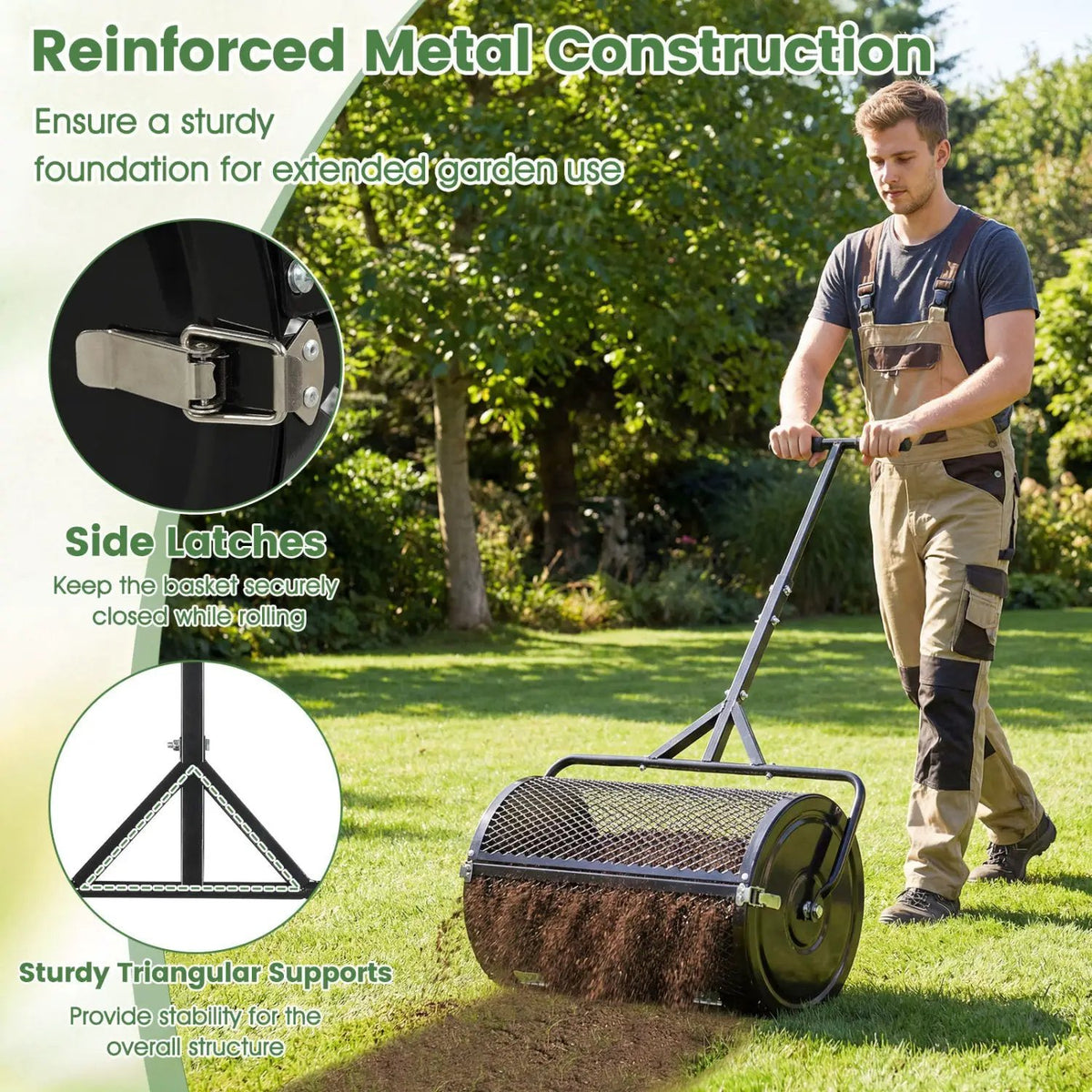 24 Inch Compost Spreader Peat Moss Spreader Roller with Height-Adjustable T-Shaped Handle, photo 23 of 24