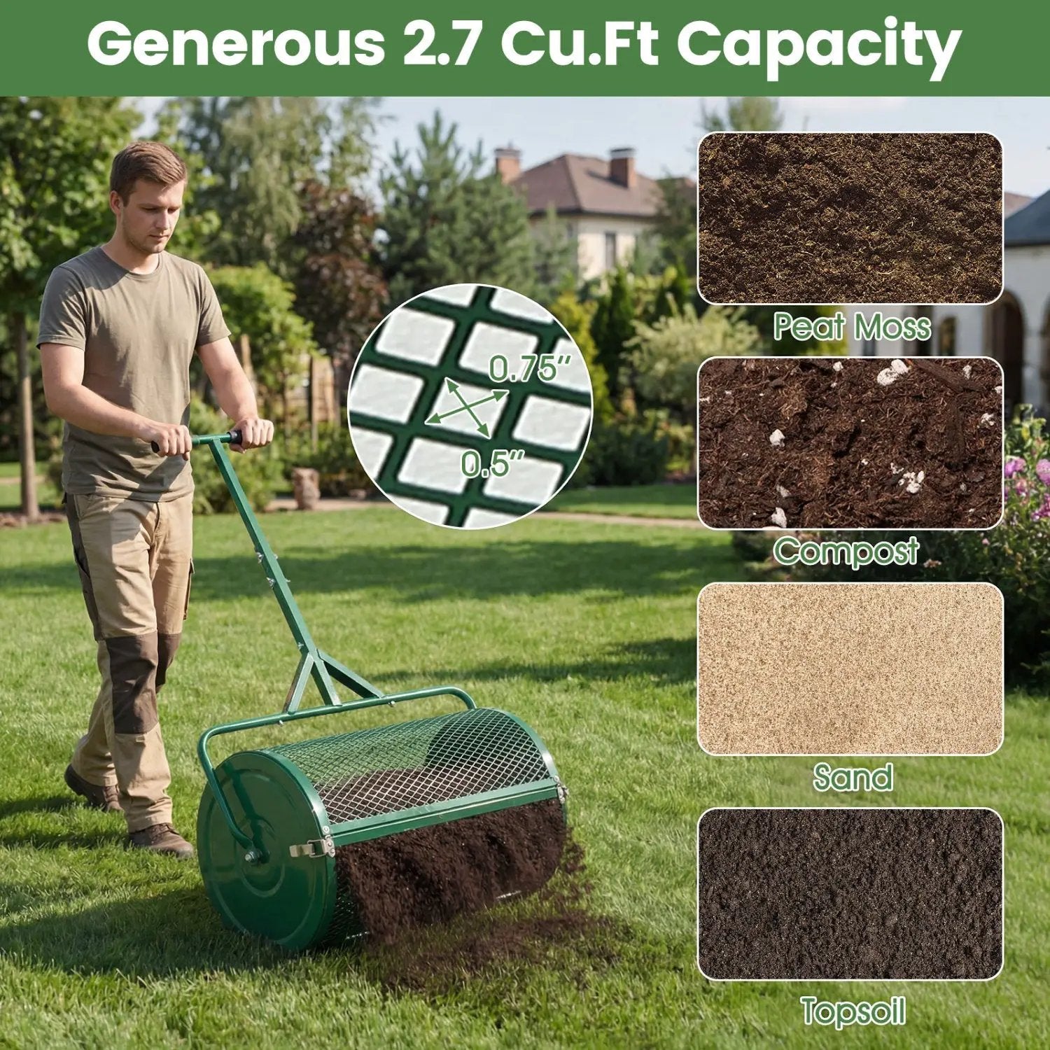 24 Inch Compost Spreader Peat Moss Spreader Roller with Height-Adjustable T-Shaped Handle by DirectDeals