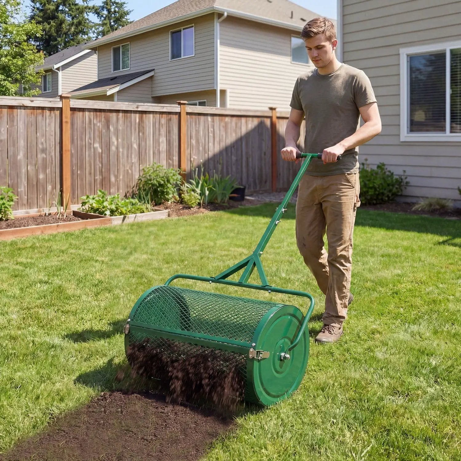 24 Inch Compost Spreader Peat Moss Spreader Roller with Height-Adjustable T-Shaped Handle by DirectDeals