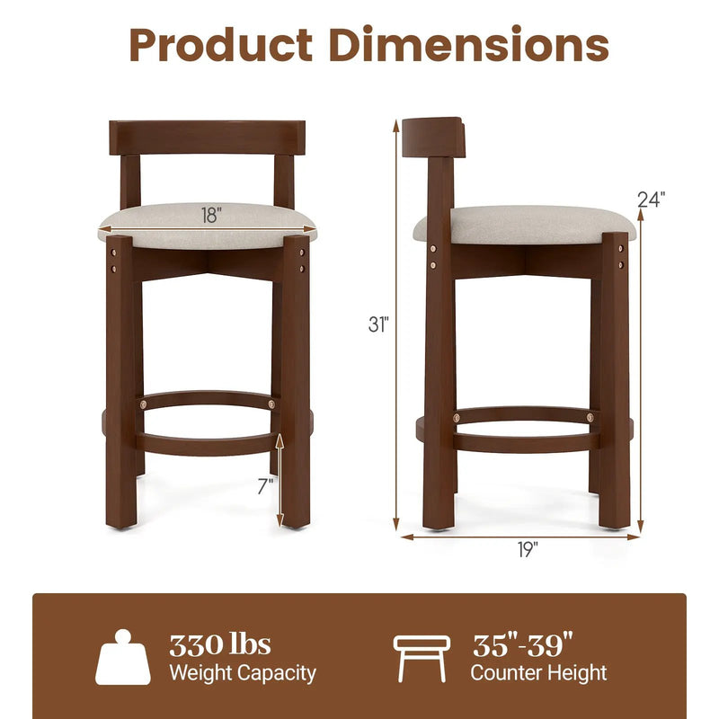 24 Inch Counter Height Bar Stools Set of 2 with Backrests and Footrests-Beige by DirectDeals
