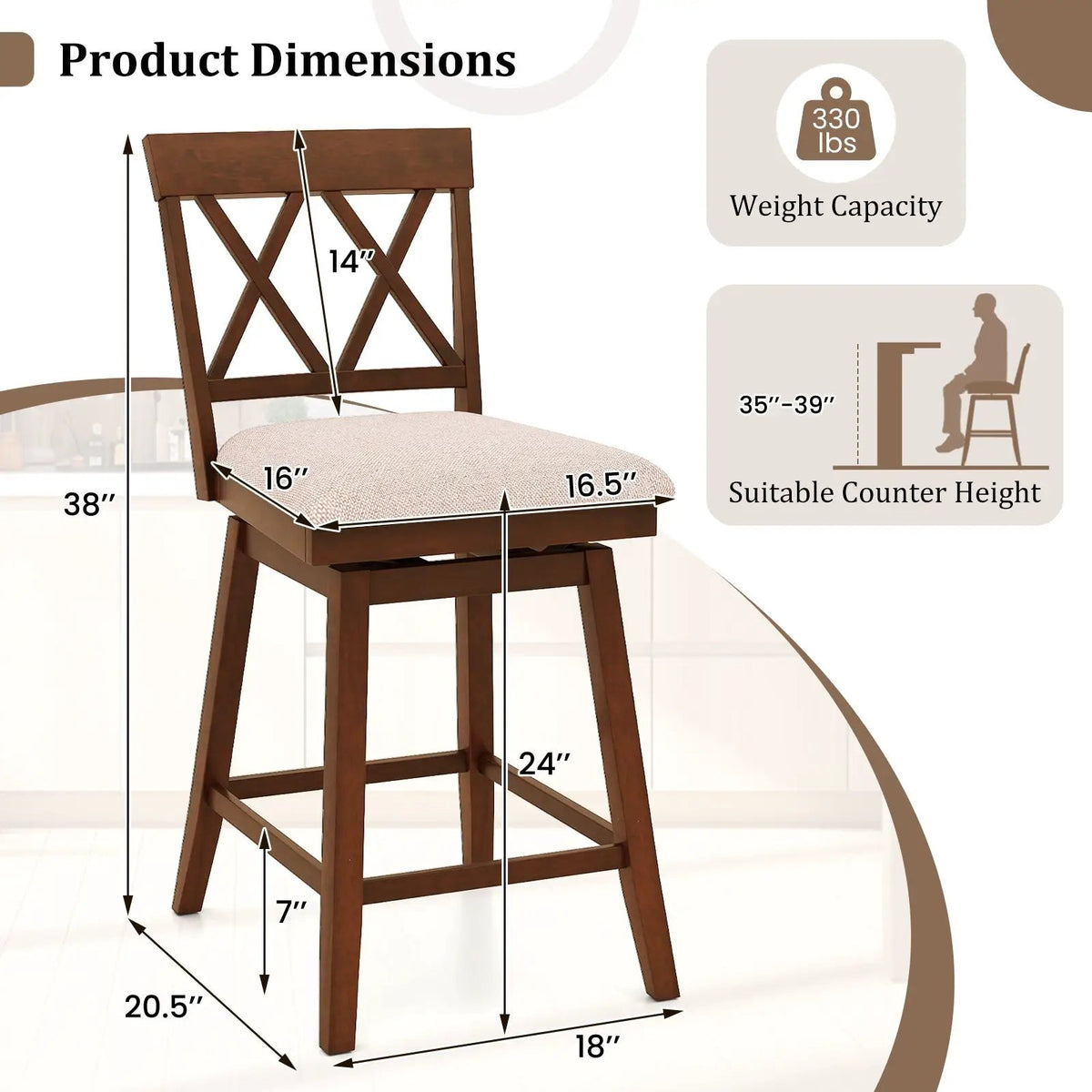 Counter Height Swivel Bar Stools with Upholstered Seat - Set of 2, photo 4 of 16