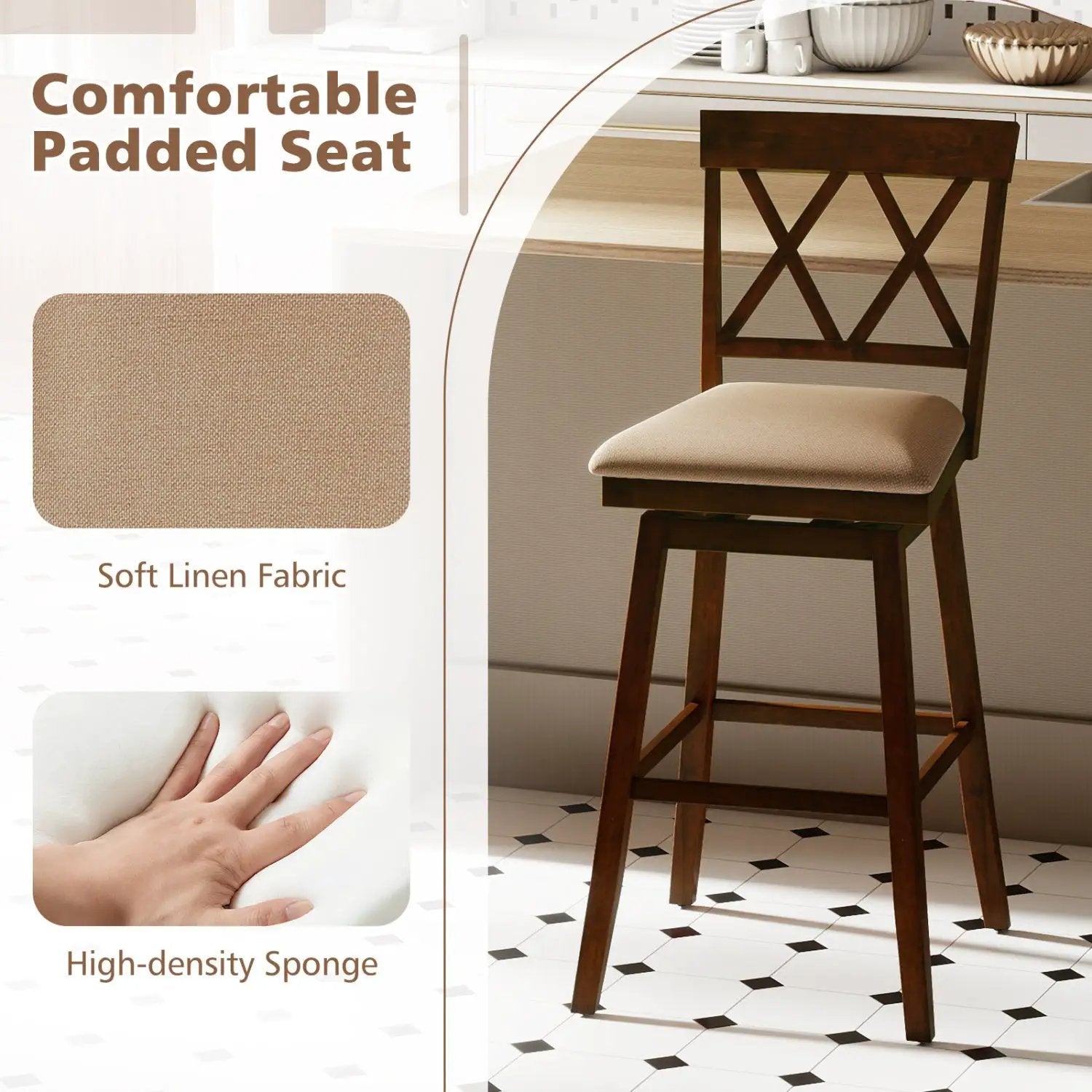 24 Inch Counter Height Barstools Set of 2 with Backrest and Seat Cushion by DirectDeals