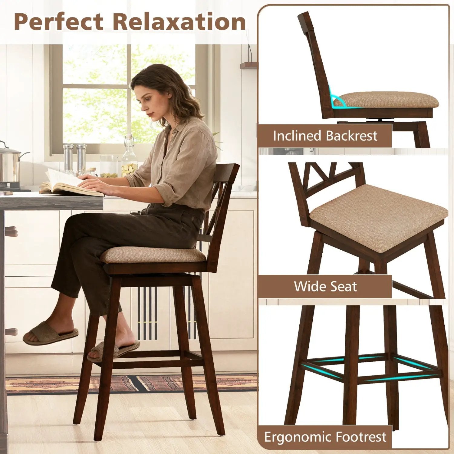 24 Inch Counter Height Barstools Set of 2 with Backrest and Seat Cushion by DirectDeals