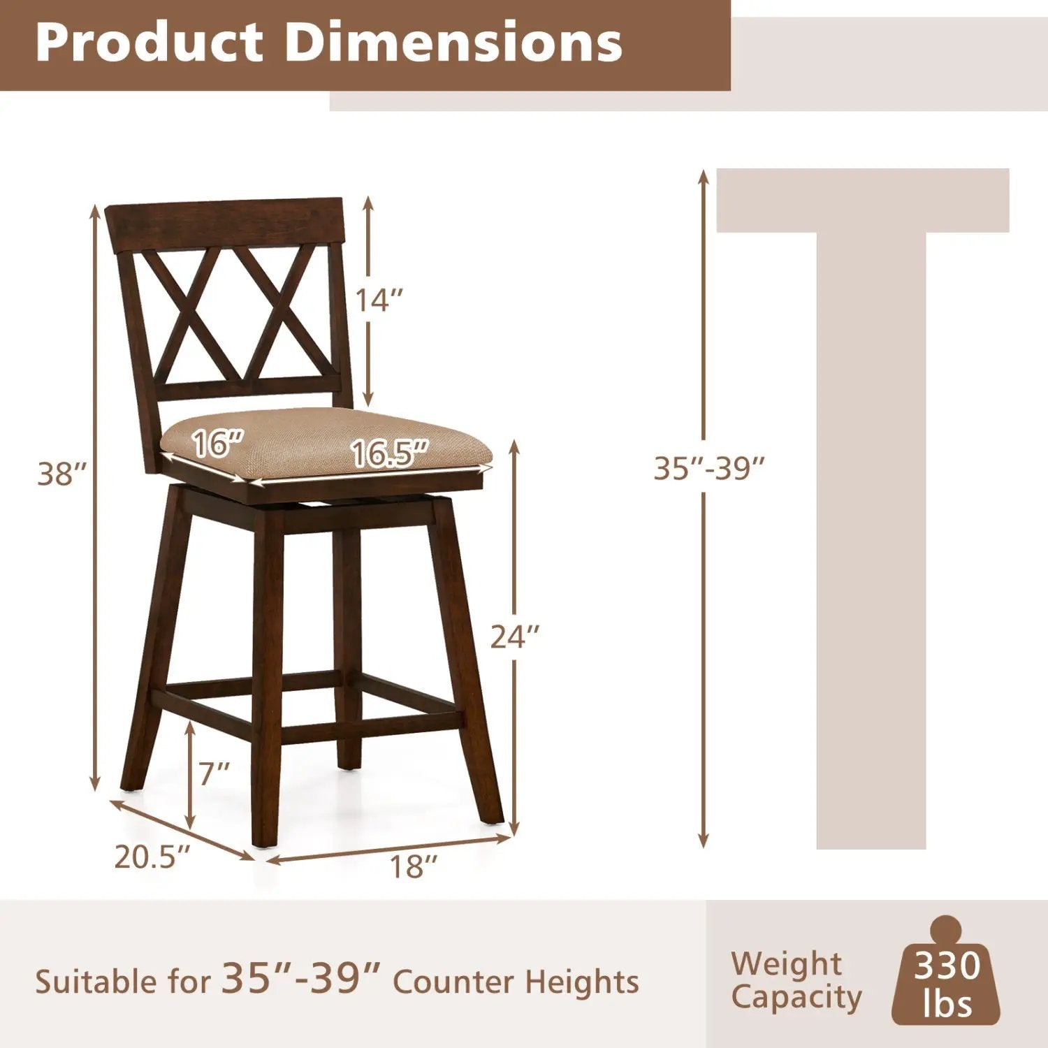 24 Inch Counter Height Barstools Set of 2 with Backrest and Seat Cushion by DirectDeals