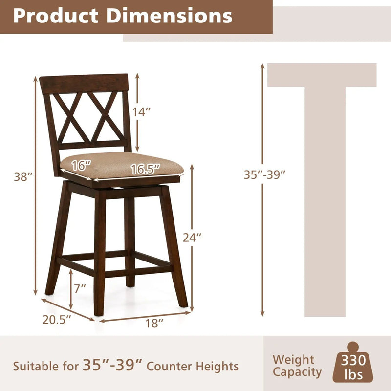24 Inch Counter Height Barstools Set of 2 with Backrest and Seat Cushion by DirectDeals