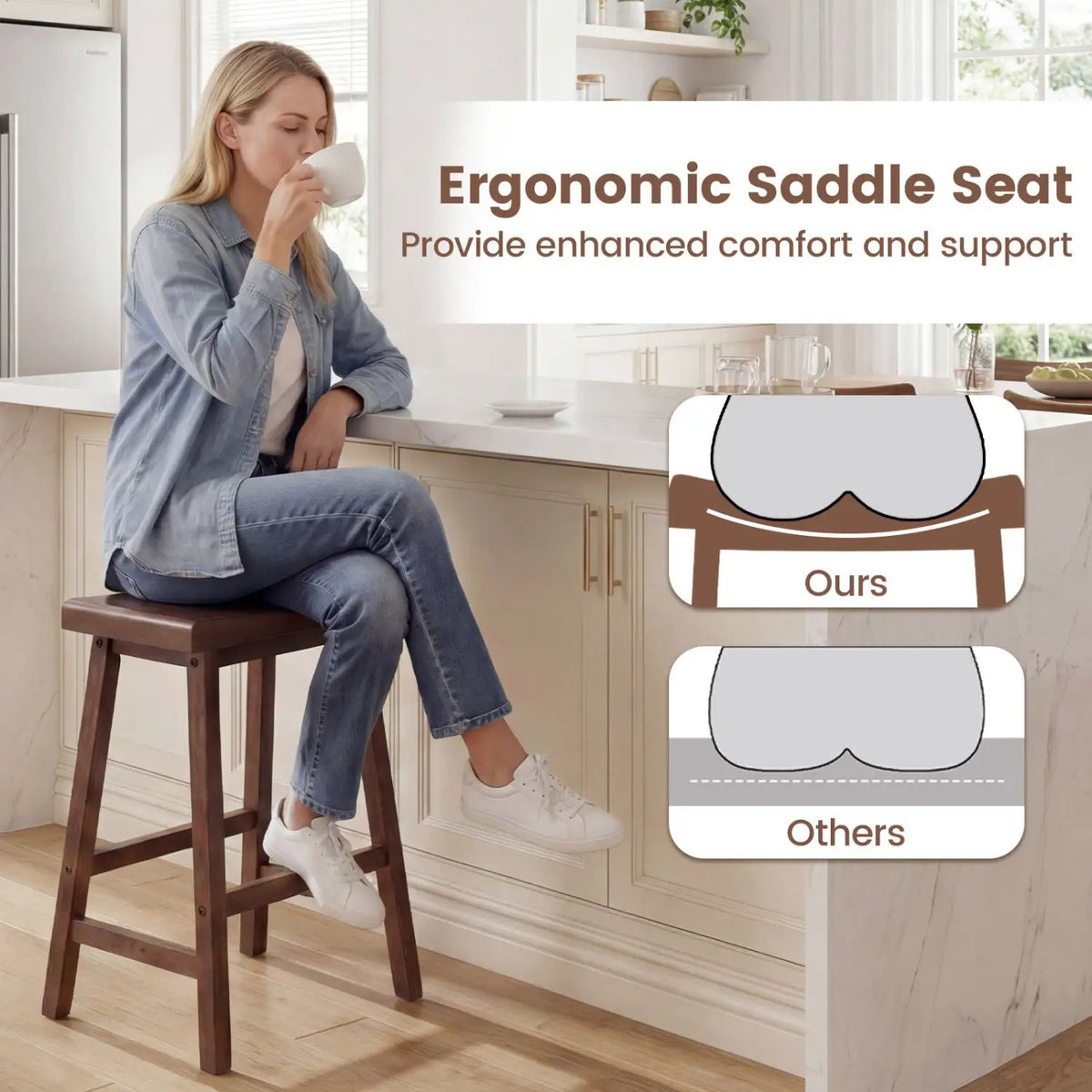 24 Inch Counter Height Stools Solid Wood Saddle Bar Stools Set of 2, photo 12 of 16