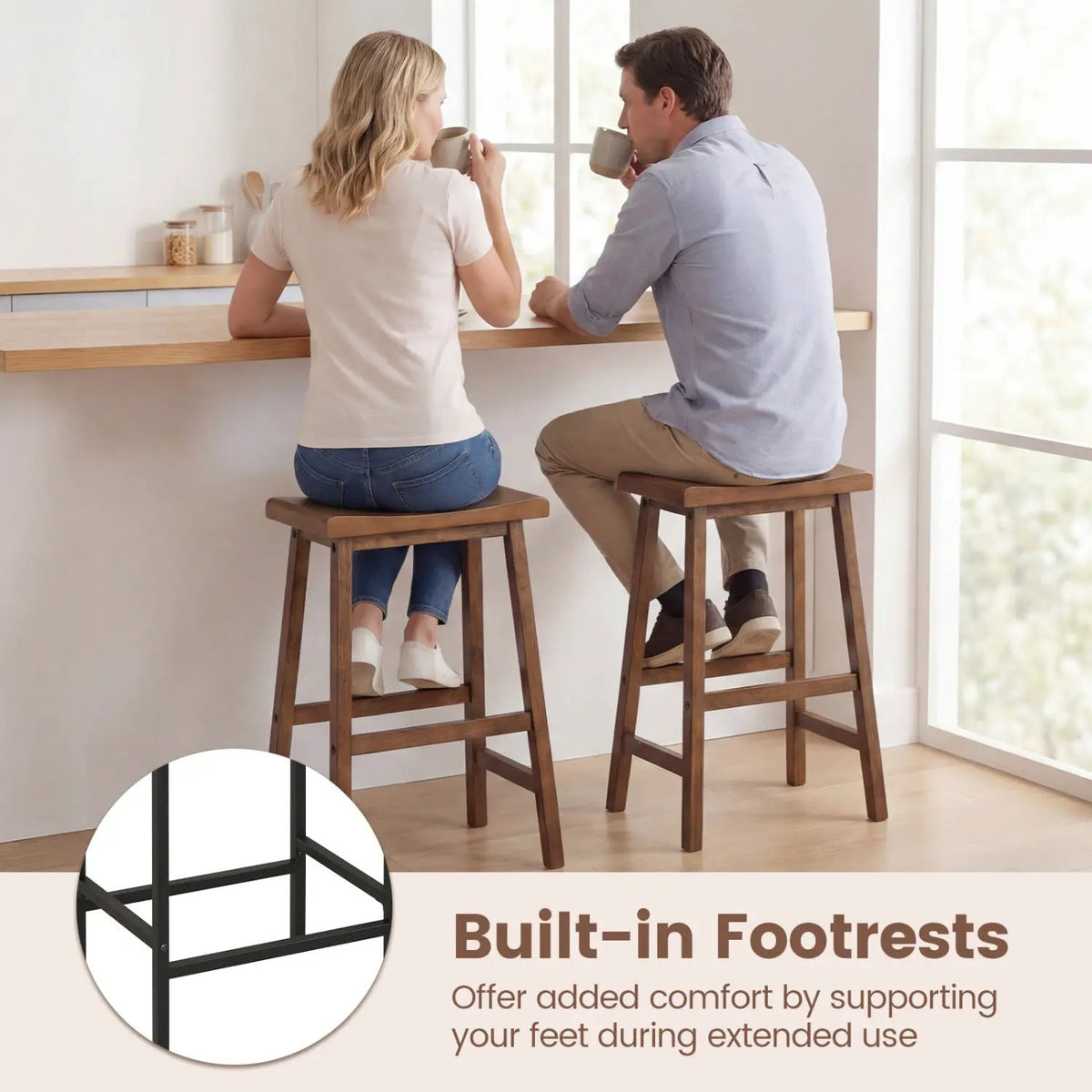 24 Inch Counter Height Stools Solid Wood Saddle Bar Stools Set of 2, photo 14 of 16