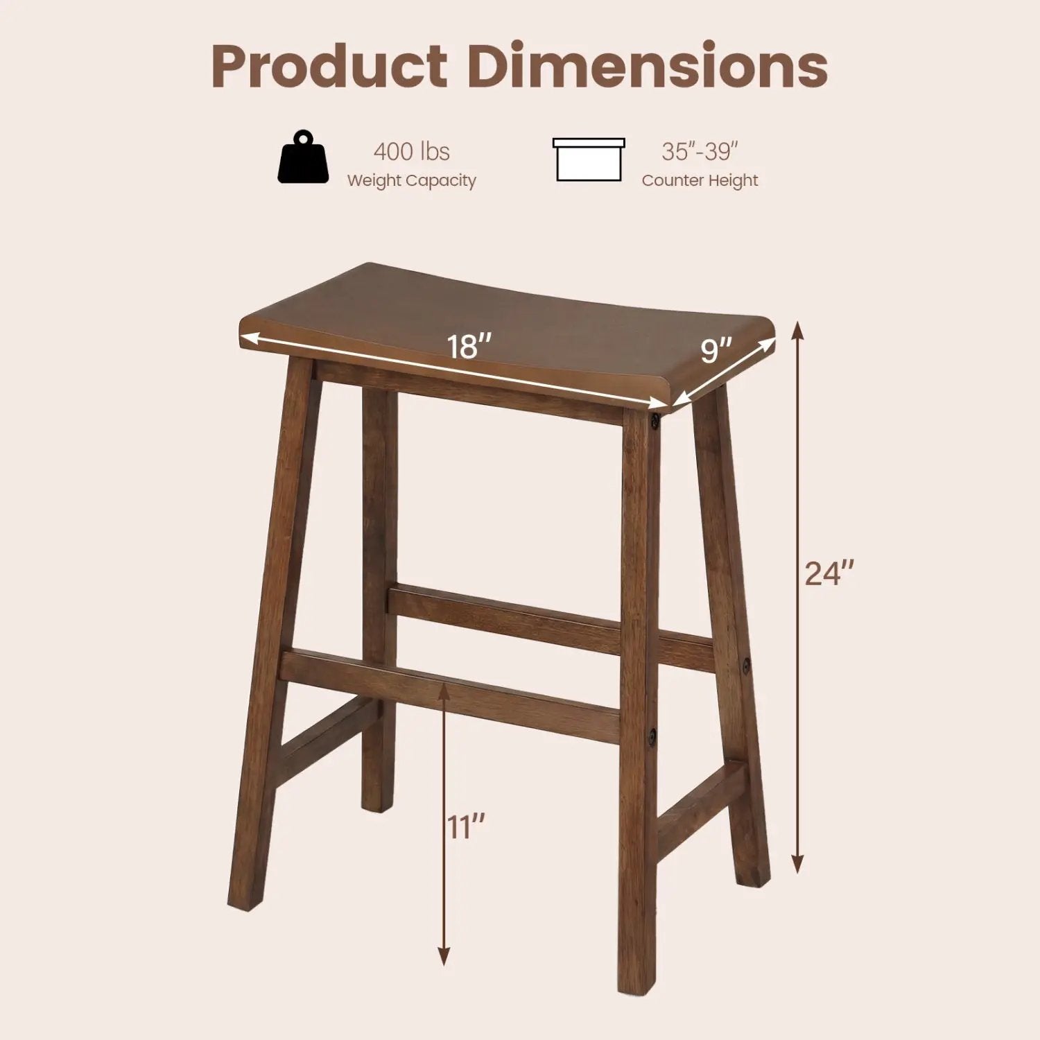 24 Inch Counter Height Stools Solid Wood Saddle Bar Stools Set of 2 by DirectDeals