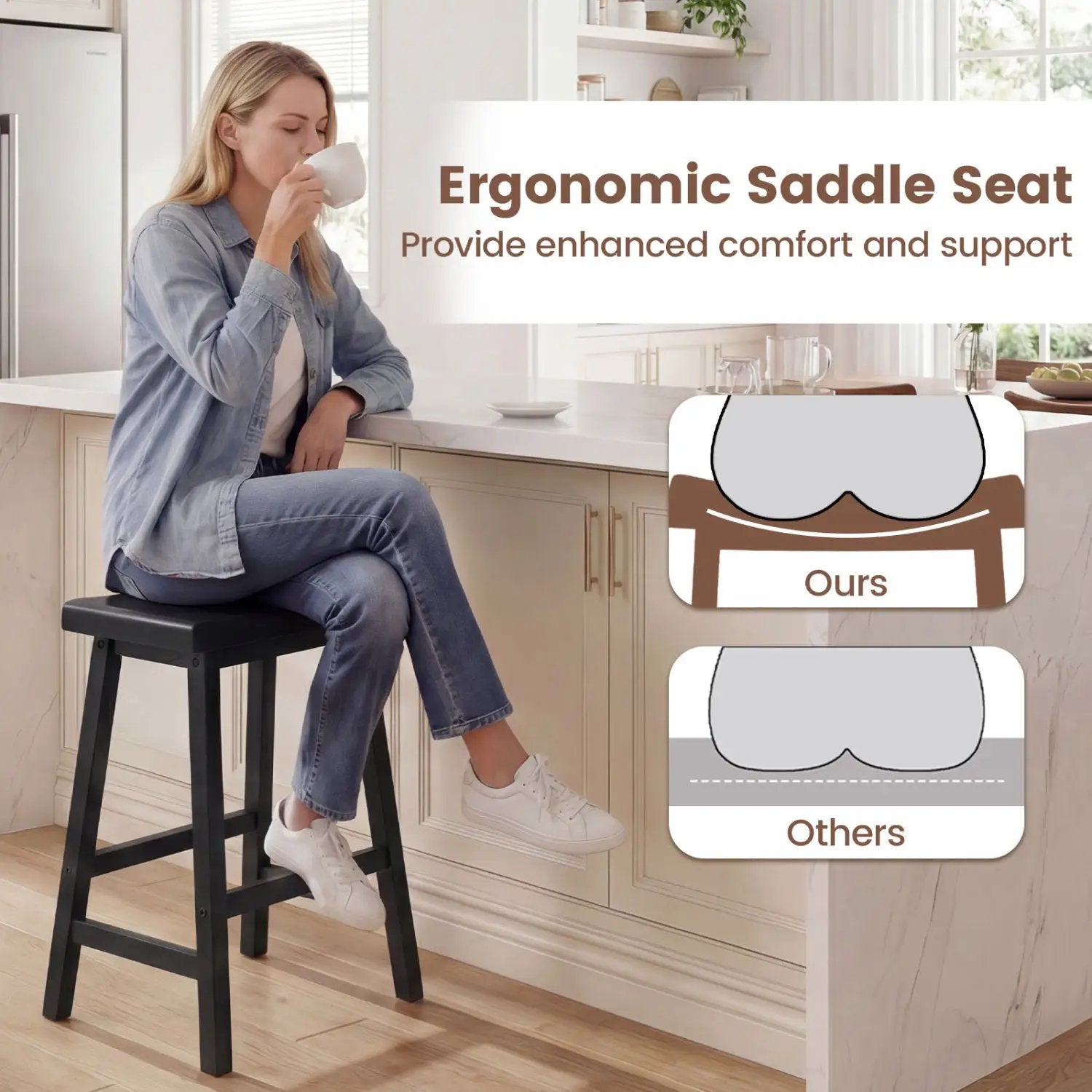 24 Inch Counter Height Stools Solid Wood Saddle Bar Stools Set of 2 by DirectDeals