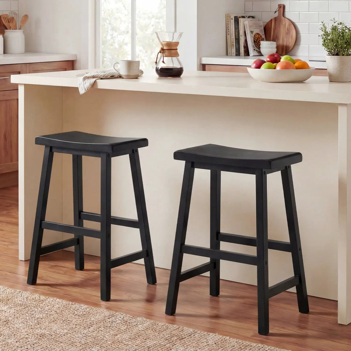 24 Inch Counter Height Stools Solid Wood Saddle Bar Stools Set of 2, photo 3 of 16