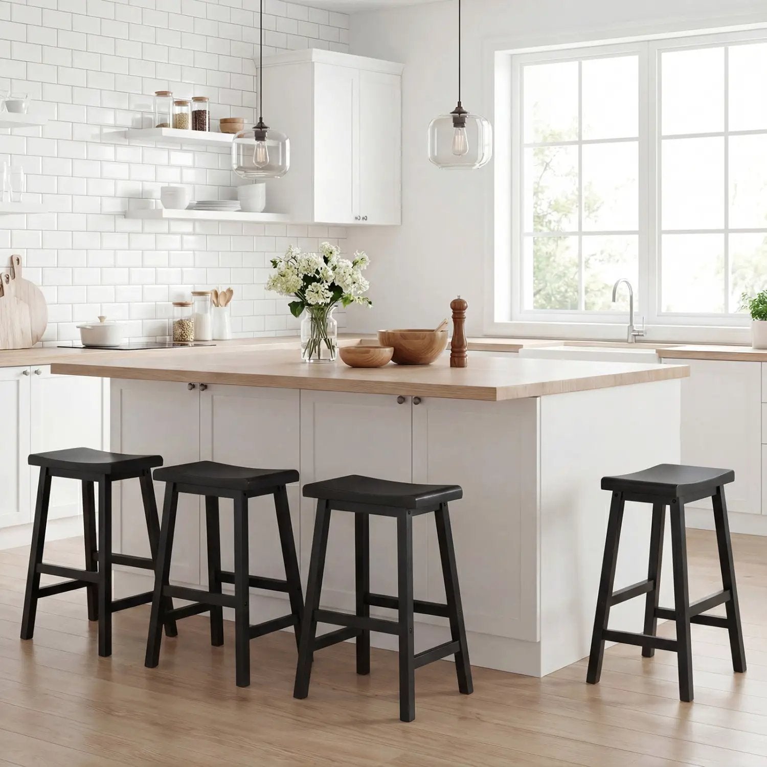 24 Inch Counter Height Stools Solid Wood Saddle Bar Stools Set of 2 by DirectDeals