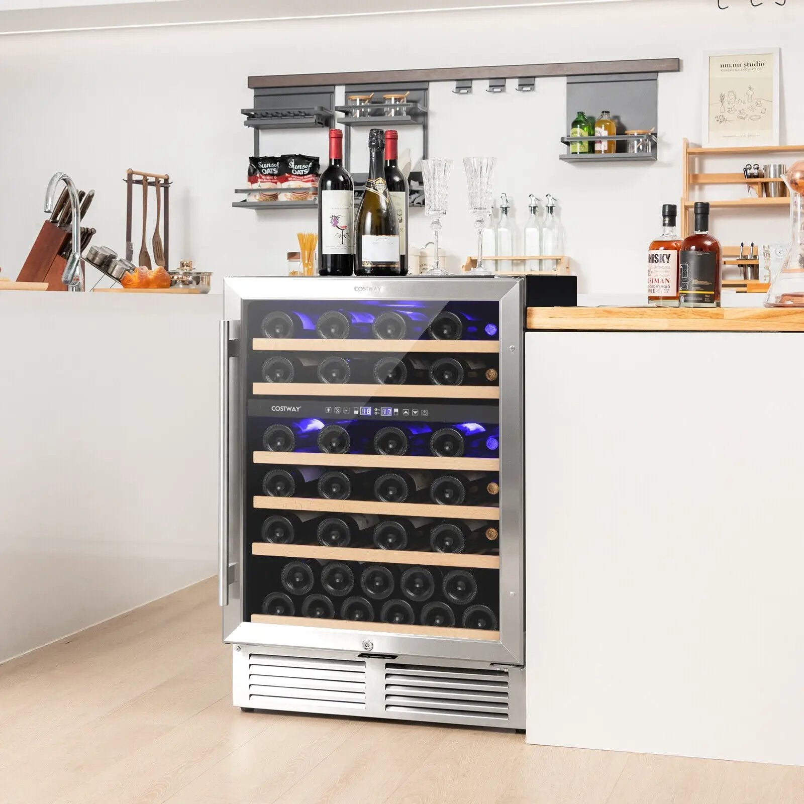 Dual Zone Wine Cooler for 51 Bottles with Reversible Door-Silver by DirectDeals