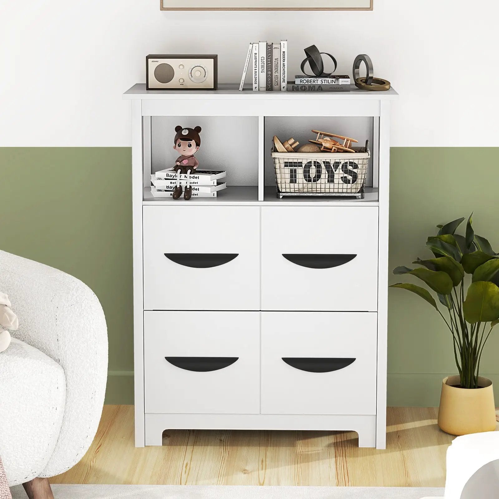 24 Inch Floor Cabinet with 2 Open Compartments and 2 Drawers-White by DirectDeals