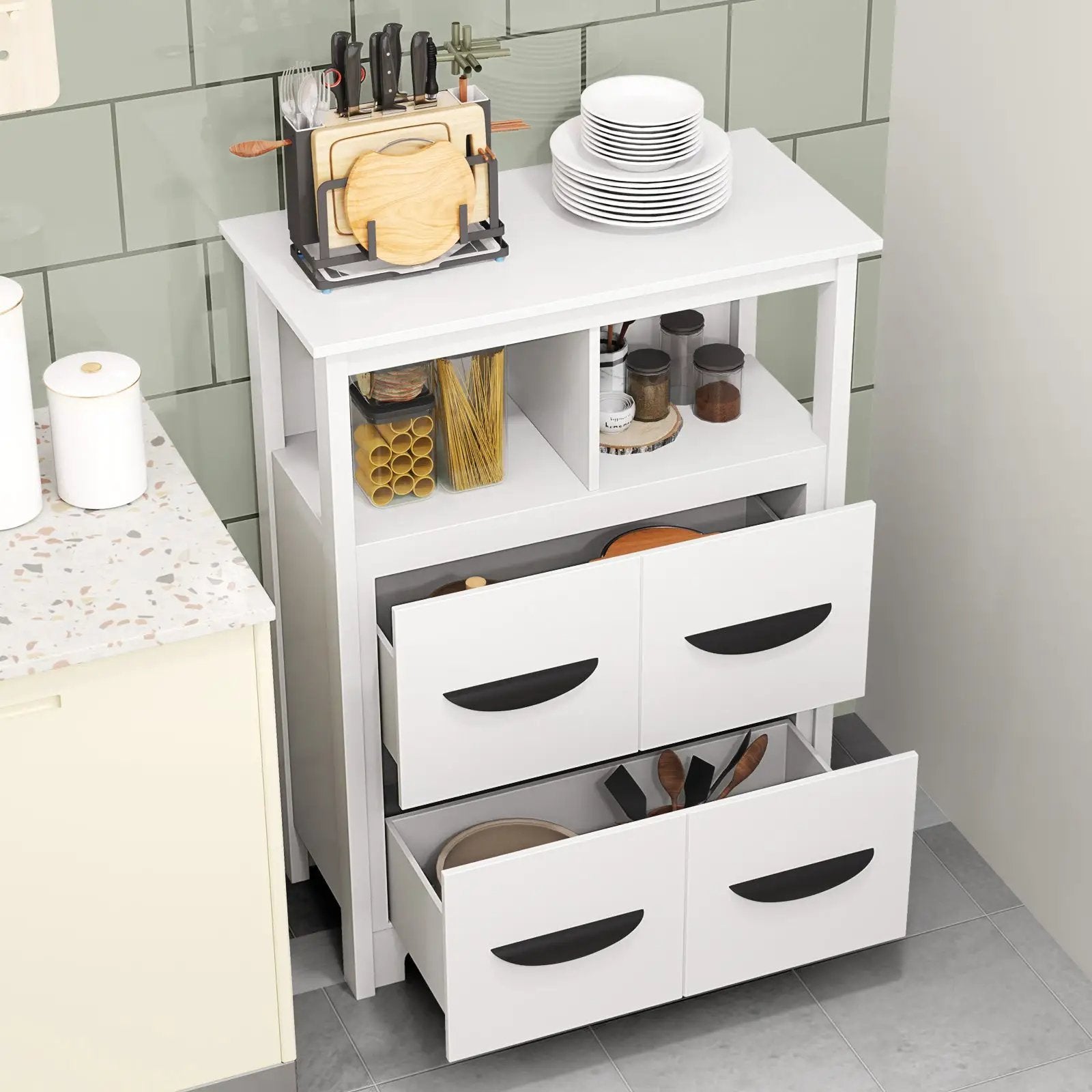 24 Inch Floor Cabinet with 2 Open Compartments and 2 Drawers-White by DirectDeals