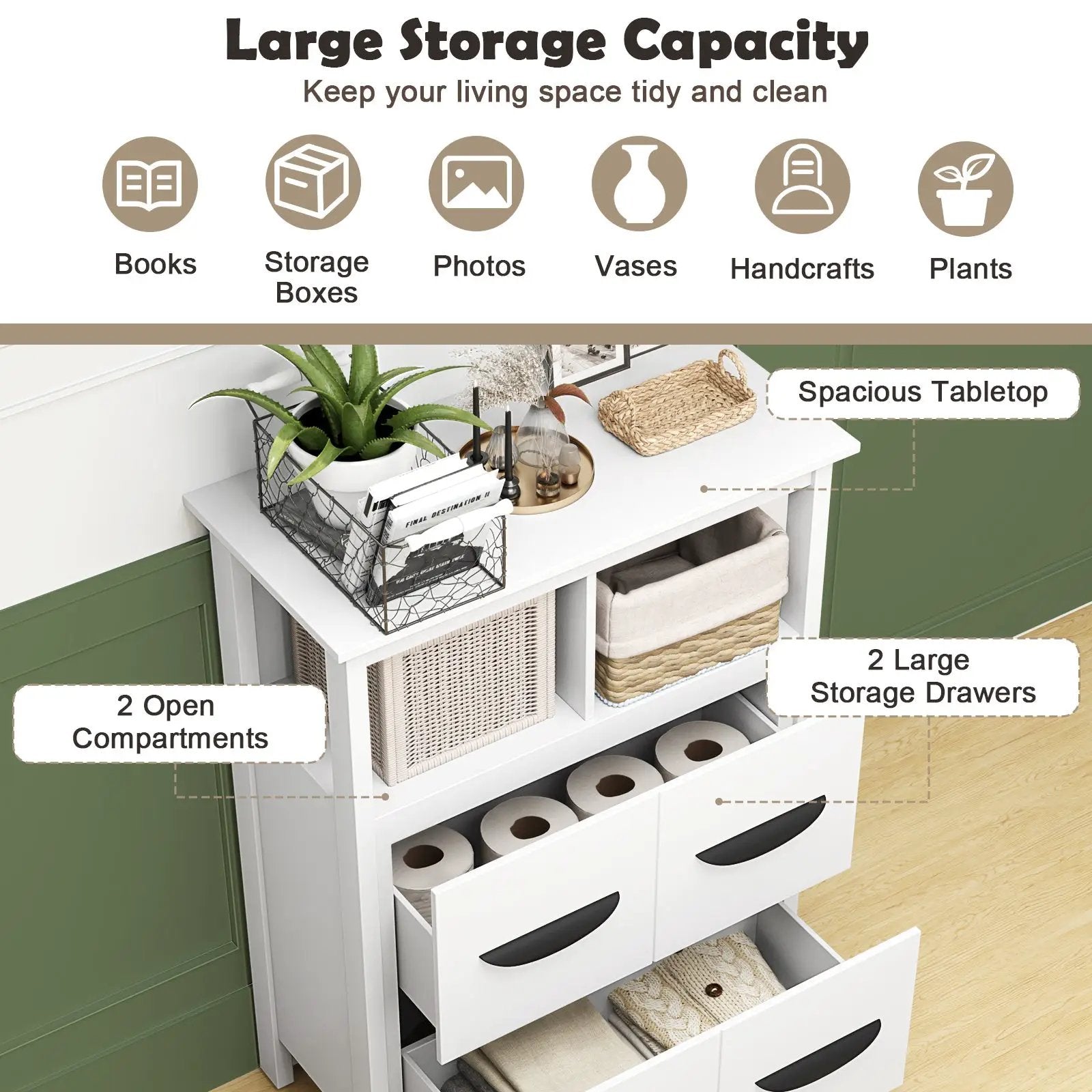 24 Inch Floor Cabinet with 2 Open Compartments and 2 Drawers-White by DirectDeals