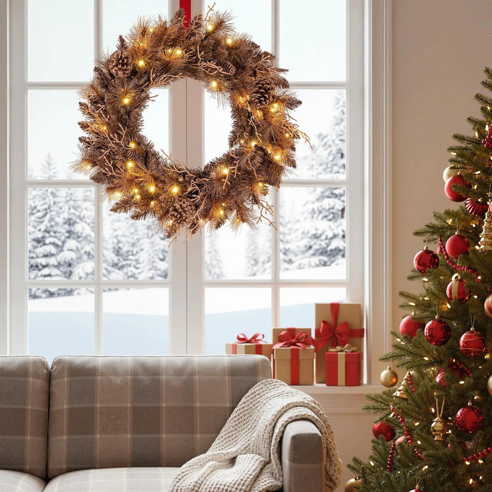 24 Inch Pre-lit Christmas Wreath with 105 Branch Tips and 35 Warm White LED Lights by DirectDeals