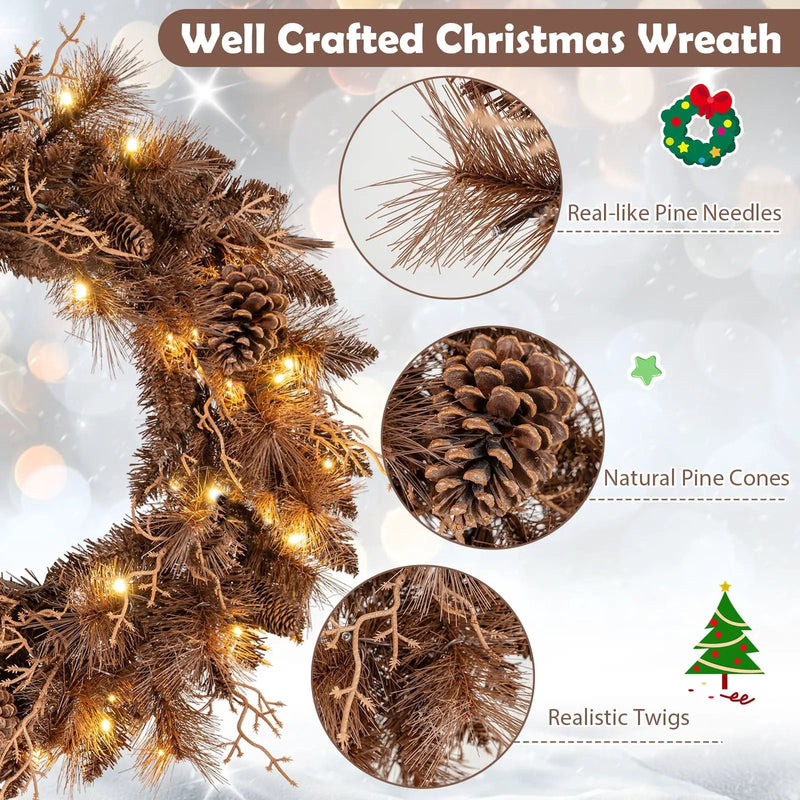 24 Inch Pre-lit Christmas Wreath with 105 Branch Tips and 35 Warm White LED Lights by DirectDeals