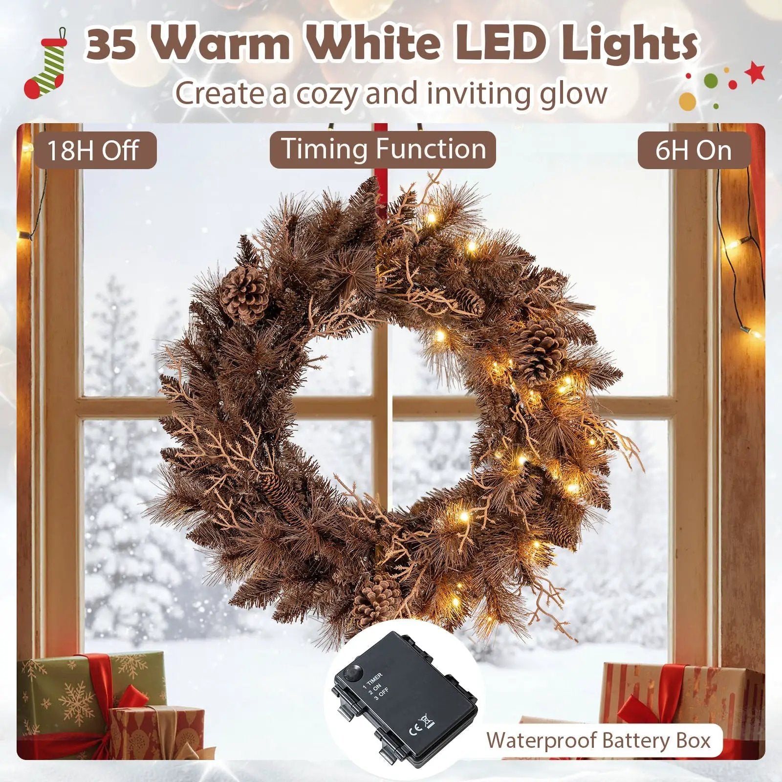 24 Inch Pre-lit Christmas Wreath with 105 Branch Tips and 35 Warm White LED Lights by DirectDeals