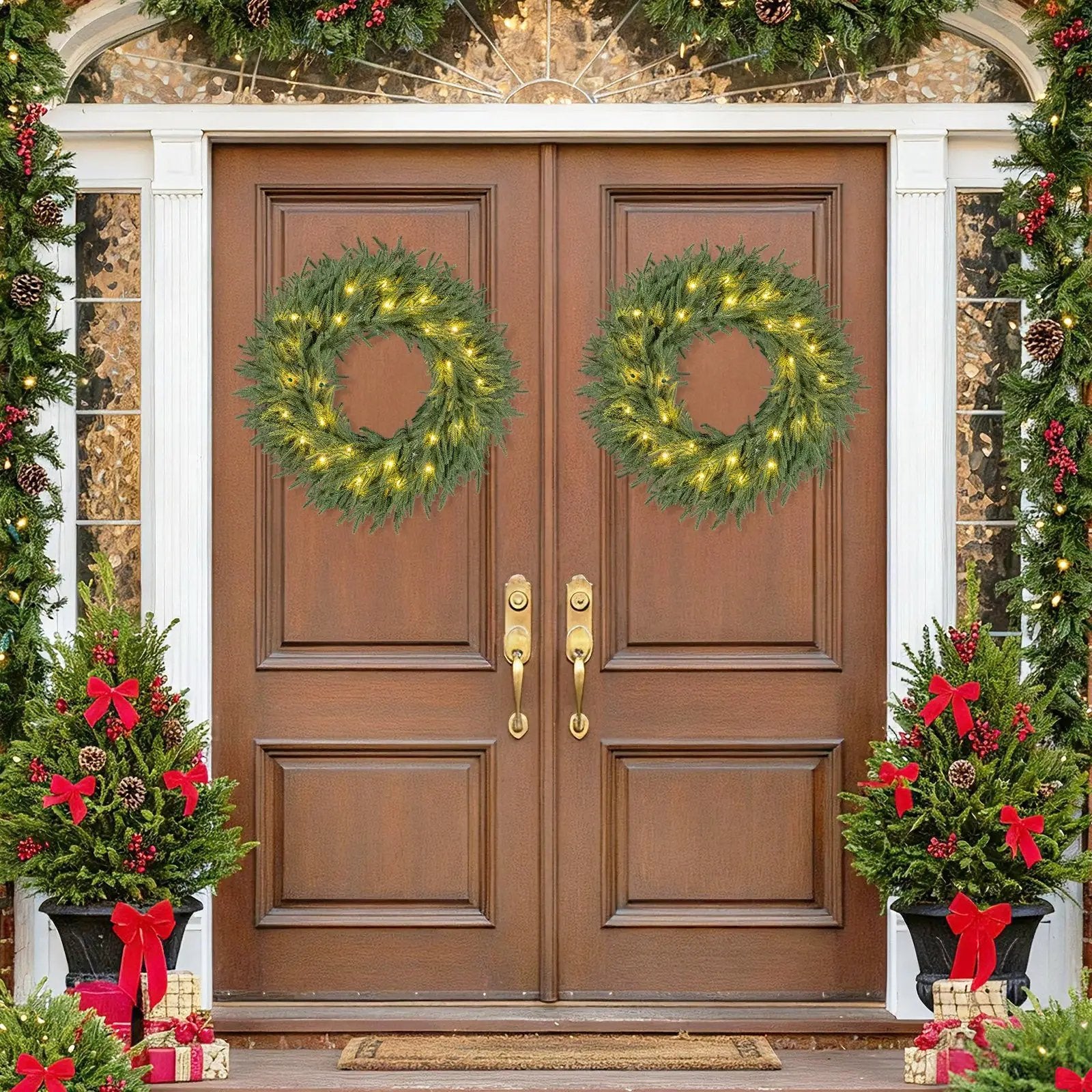 24 Inch Pre-lit Christmas Wreath with 108 Branch Tips and 35 Warm White LED Lights for Wall Window by DirectDeals